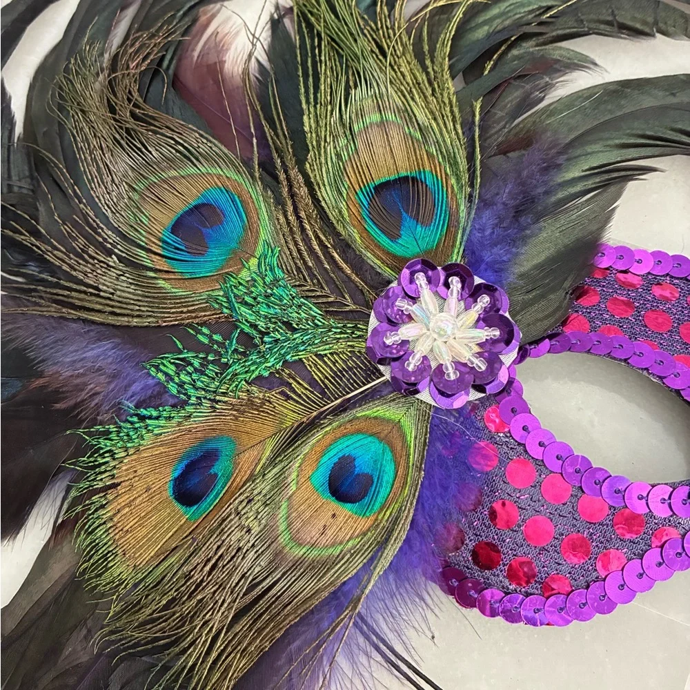 Purple Sequin Peacock Feather Masquerade Mask